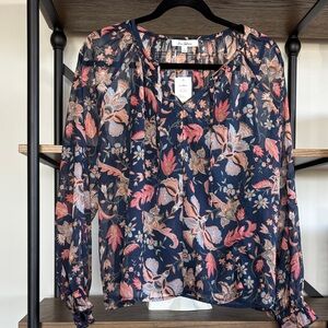 Sam Edelman Navy Floral Sheer Long-Sleeve Blouse
